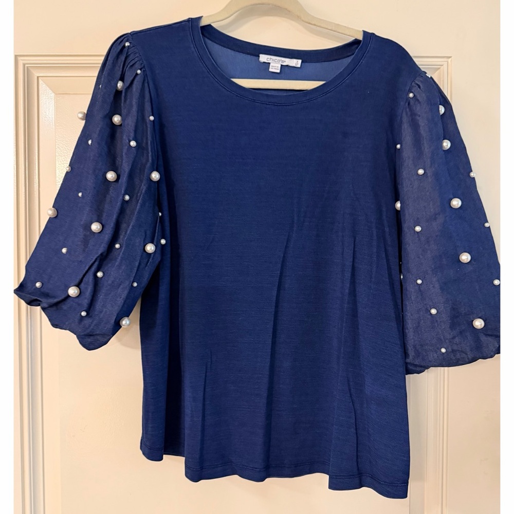 Chico's Navy Pearl-Accent Puff Sleeve Tee Sz.  XL